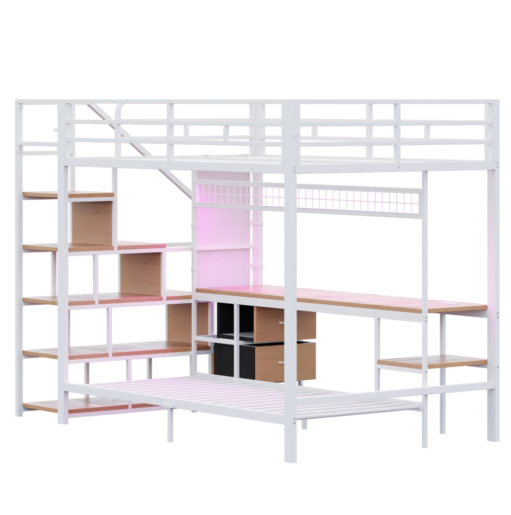 Letto a soppalco multifunzione 140x200/90x200 cm con scrivania; LED; prese e contenitori in metallo e MDF bianco