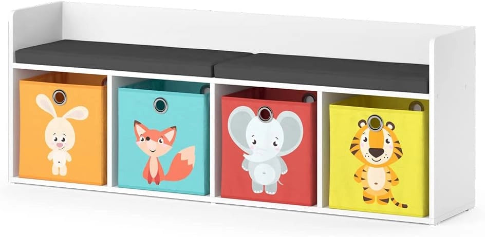 Scaffale per bambini Luigi, Bianco, 31.2 x 53.4 cm con 4 scatole pieghevoli opt.2, adatto per riporre giocattoli e libri