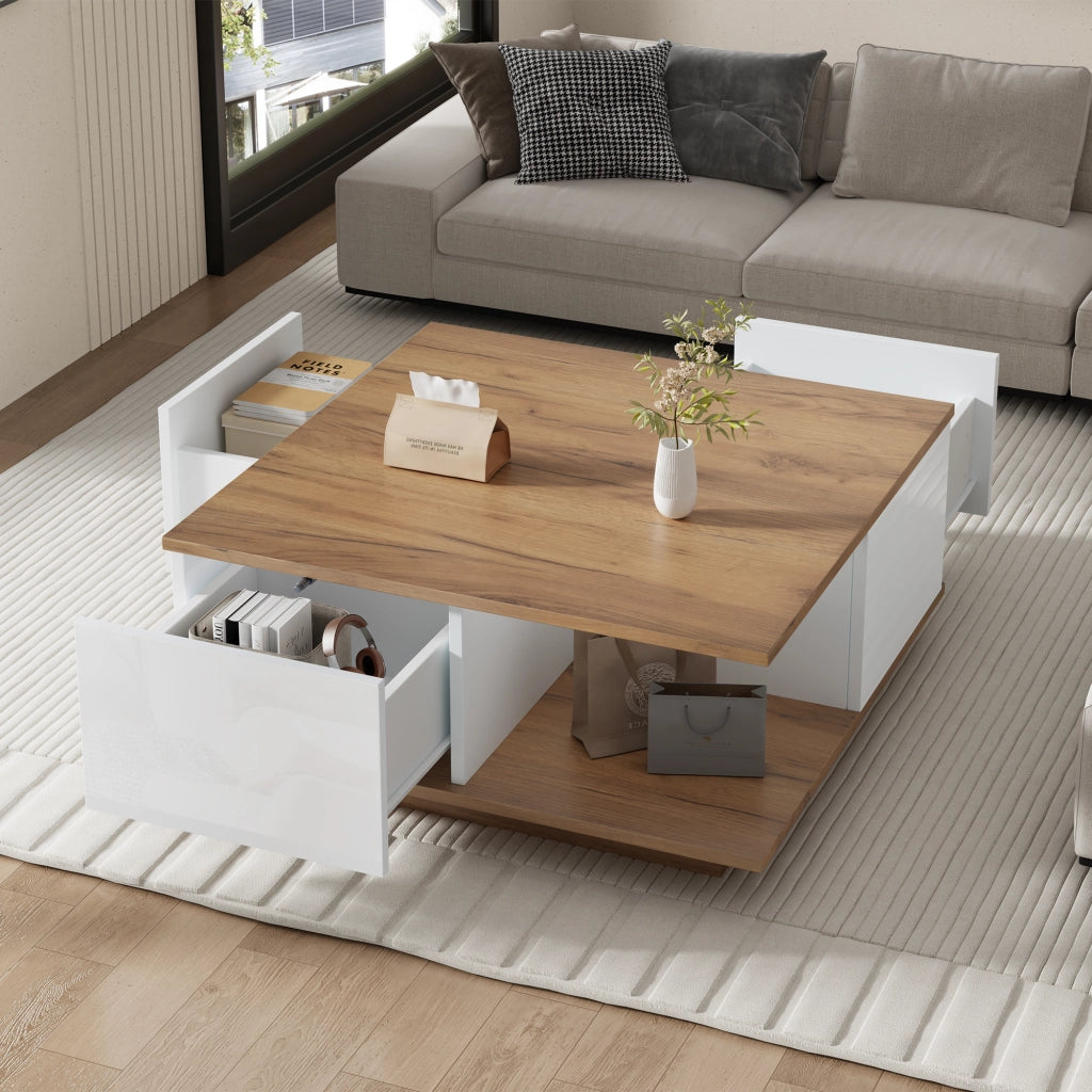 Tavolino da Caffè Quadrato con 3 Cassetti e Vano a Giorno; Finitura Lucida; in Truciolare; Bianco e Noce; 70×70×31;5 cm