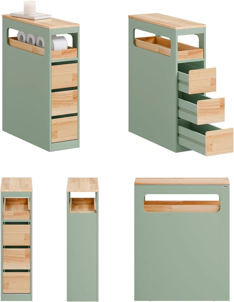 Mobiletto Bagno Salvaspazio con Ruote, Mobile Compatto con 3 Cassetti, per WC, Armadietto Bagno in Legno, Facile da Spostare, Verde, 65x24x82cm, BZR54-II-GR
