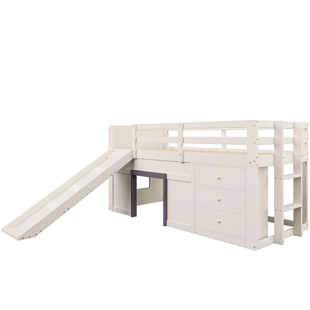 OKWISH Letto a soppalco basso 90×200 cm, Letto Singolo con Scivolo, 3 Cassetti e 2 Ante, senza Materasso, in Legno, Crema