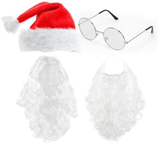 Abito da Babbo Natale con alta qualità dei materiali - Pizzo da Babbo Natale - Barba da Babbo Natale - Cappello da Babbo Natale - Occhiali - Design Classico - Outfit da Babbo Natale
