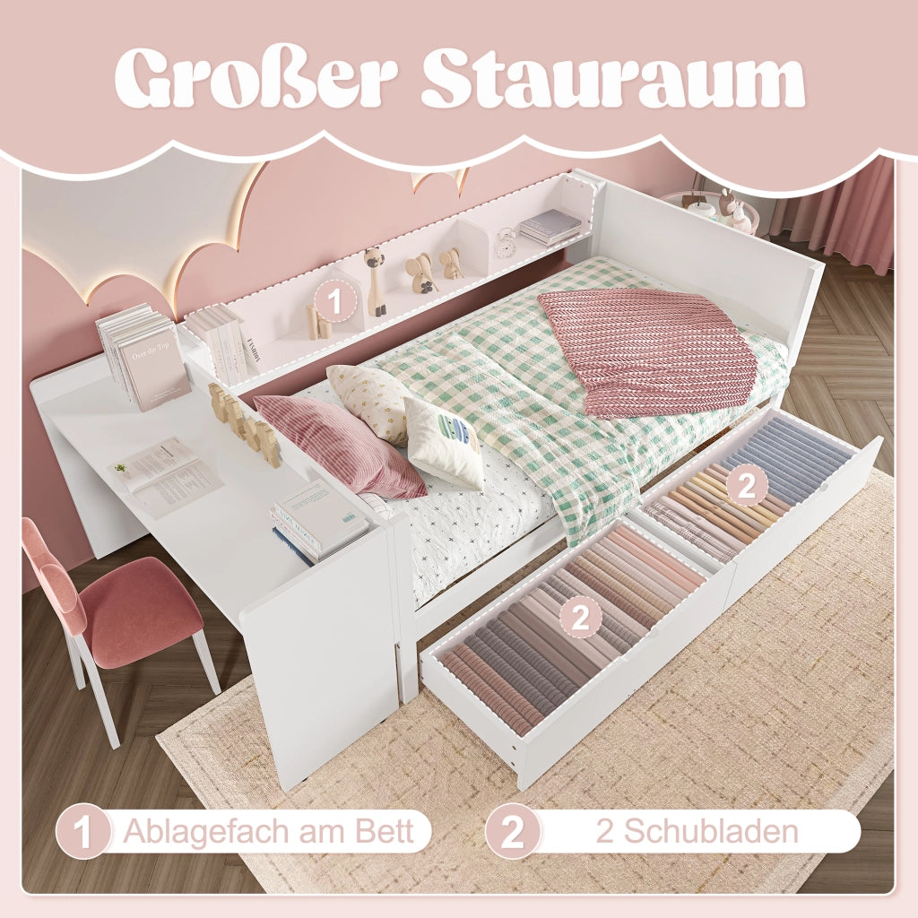 Letto singolo 90×200 cm con scrivania; 2 cassetti e ripiani; senza materasso; legno; bianco