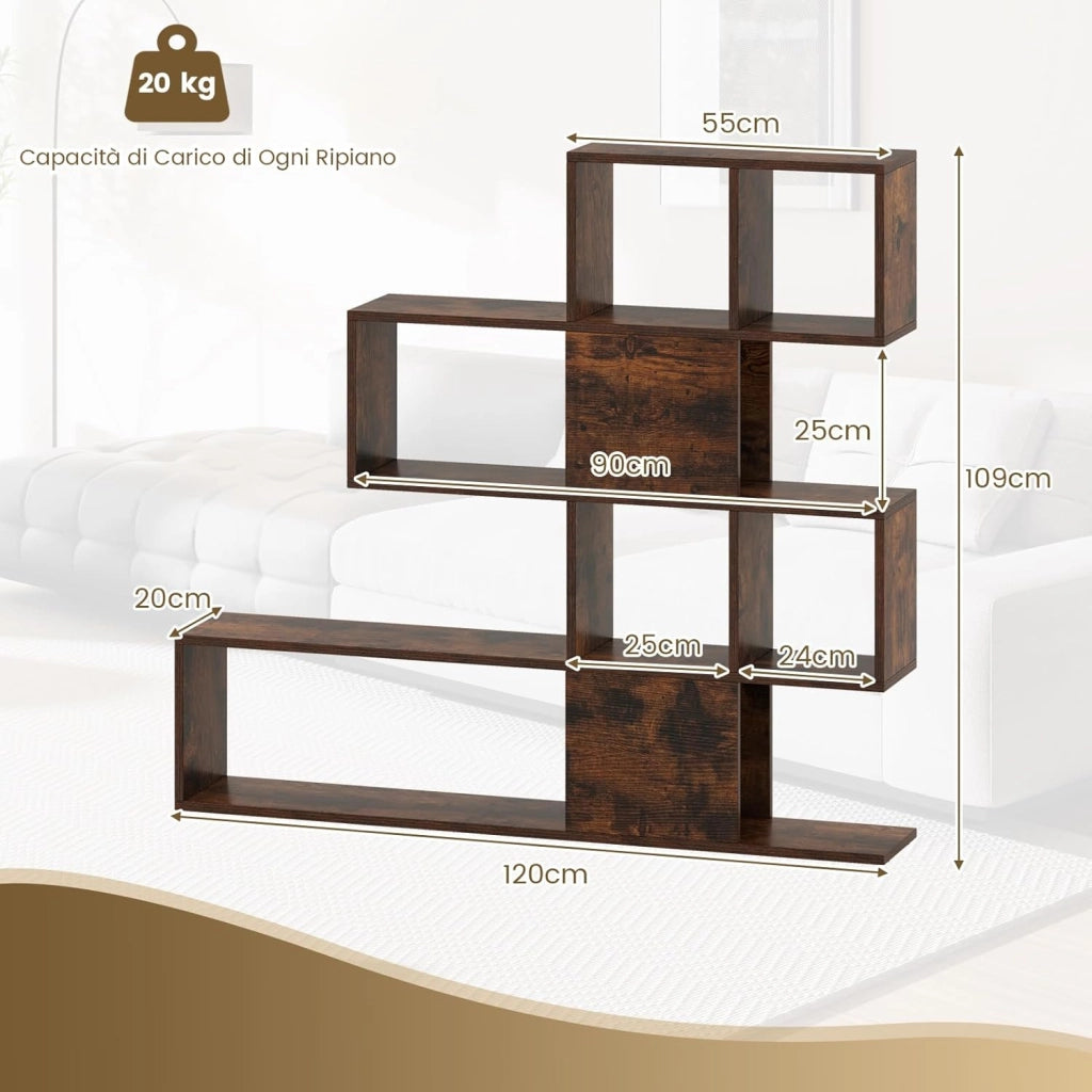 Libreria in Legno, 5 Livelli con Ante, Scaffale Multifunzionale a Forma di Scala, Ideale per Soggiorno Studio Ufficio, 120x19,5x109cm (Marrone)