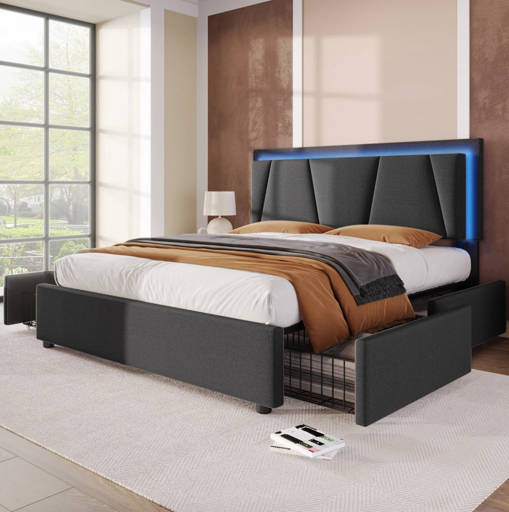 Letto imbottito con LED e 4 cassetti; testiera regolabile; 140x200 cm; grigio