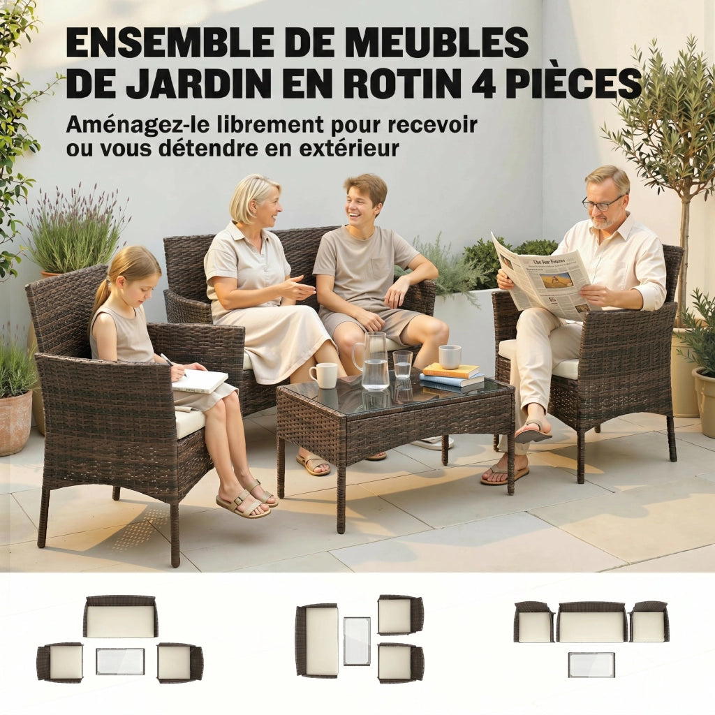 Set da giardino 4 posti in polyrattan con divani e tavolino in vetro ¨C zephmum ¨C beige