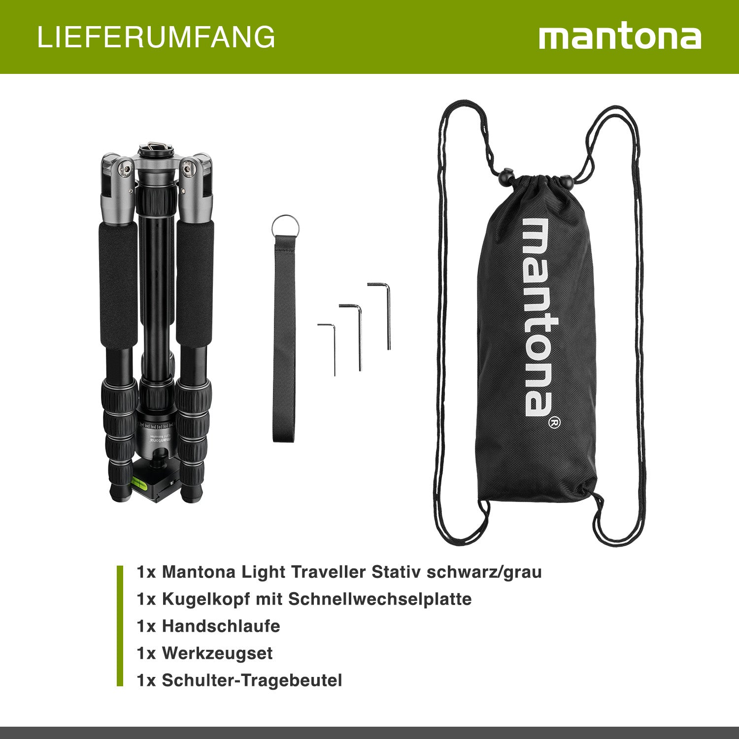 mantona treppiede da viaggio Light Traveller, robusto treppiede in alluminio per fotocamere leggere, testa a sfera + piastra intercambiabile (compatibile con Arca Swiss)
