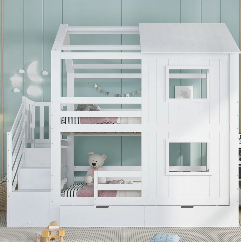 Letto a castello per bambini con scala contenitore e cassetto su ruote