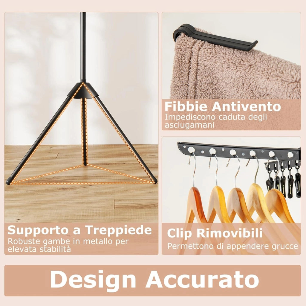Stendibiancheria da Pavimento a 3 Livelli, Auoto Tripode Stendibianchiera Alto 178 cm con con 24 Ganci & 32 Aste, Portaasciugamani Pieghevole con Bracci Rotabili per Lavanderia e Balcone