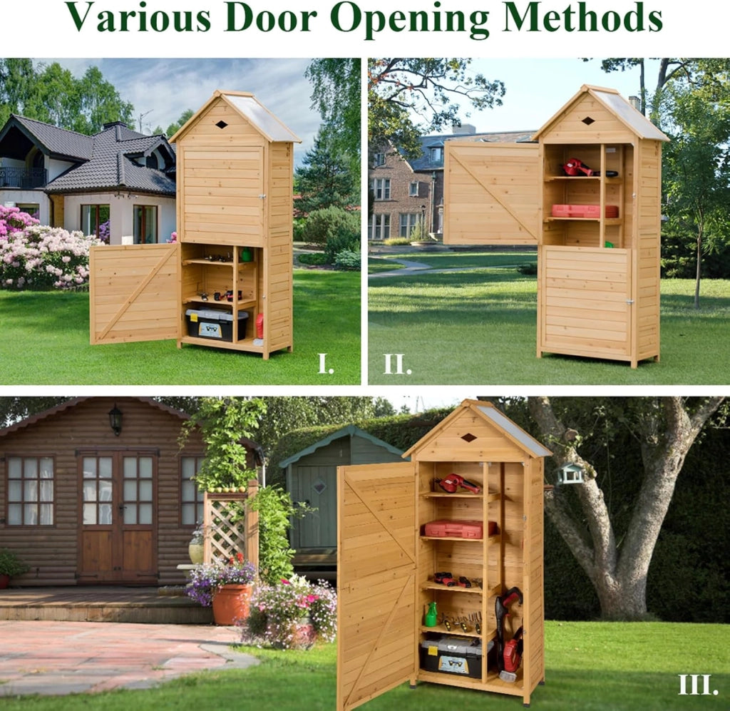 Casetta da Giardino in Legno, Capanno per Attrezzi per Esterno con 4 Ripiani e 1 Armadio, Resistente alle Intemperie con Ante Bloccabili, Capanno da Giardino 80 x 35 x 176,5 cm