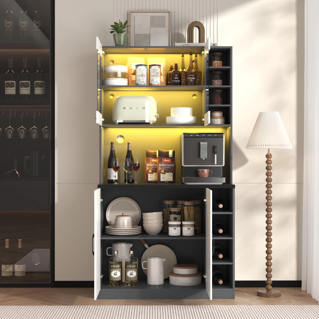 Credenza alta da cucina con 2 ante; 5 vani e ripiani laterali regolabili con LED; in MDF; 100x47x187 cm
