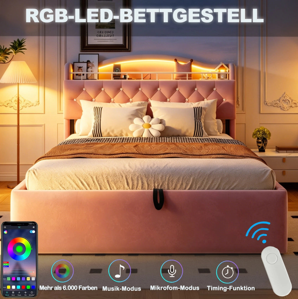 LETTO Contenitore 140x200 cm in Velluto Rosa con LED USB e USB-C