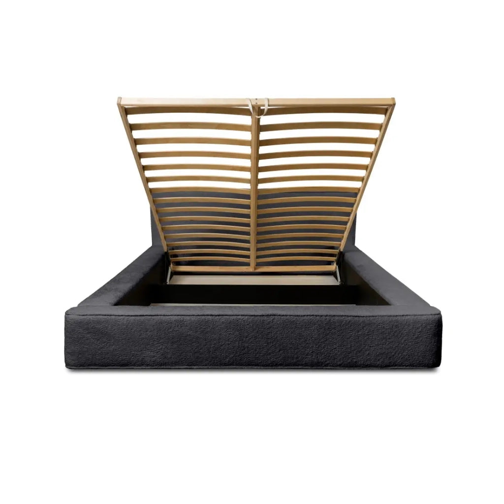 Lit coffre VELORA – Antracite profondo bouclé – 140x200 cm – Tessuto velluto morbido – Rete sollevabile – Contenitore integrato