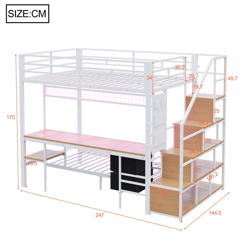 Letto a castello 140x200 cm bianco metallo e MDF con scrivania e letto 90x200