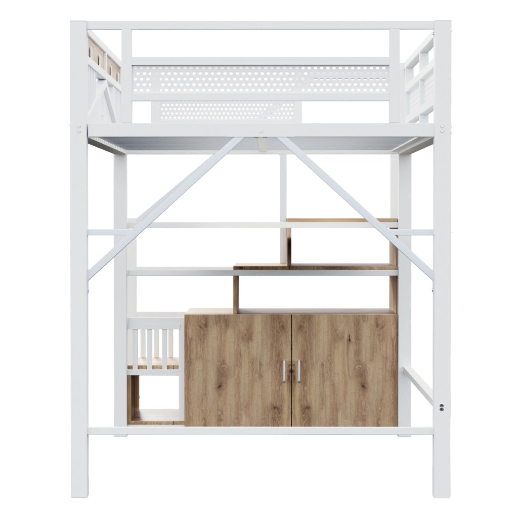 LETTO A CASTELLO 140x200 cm in metallo e legno bianco con scala contenitore