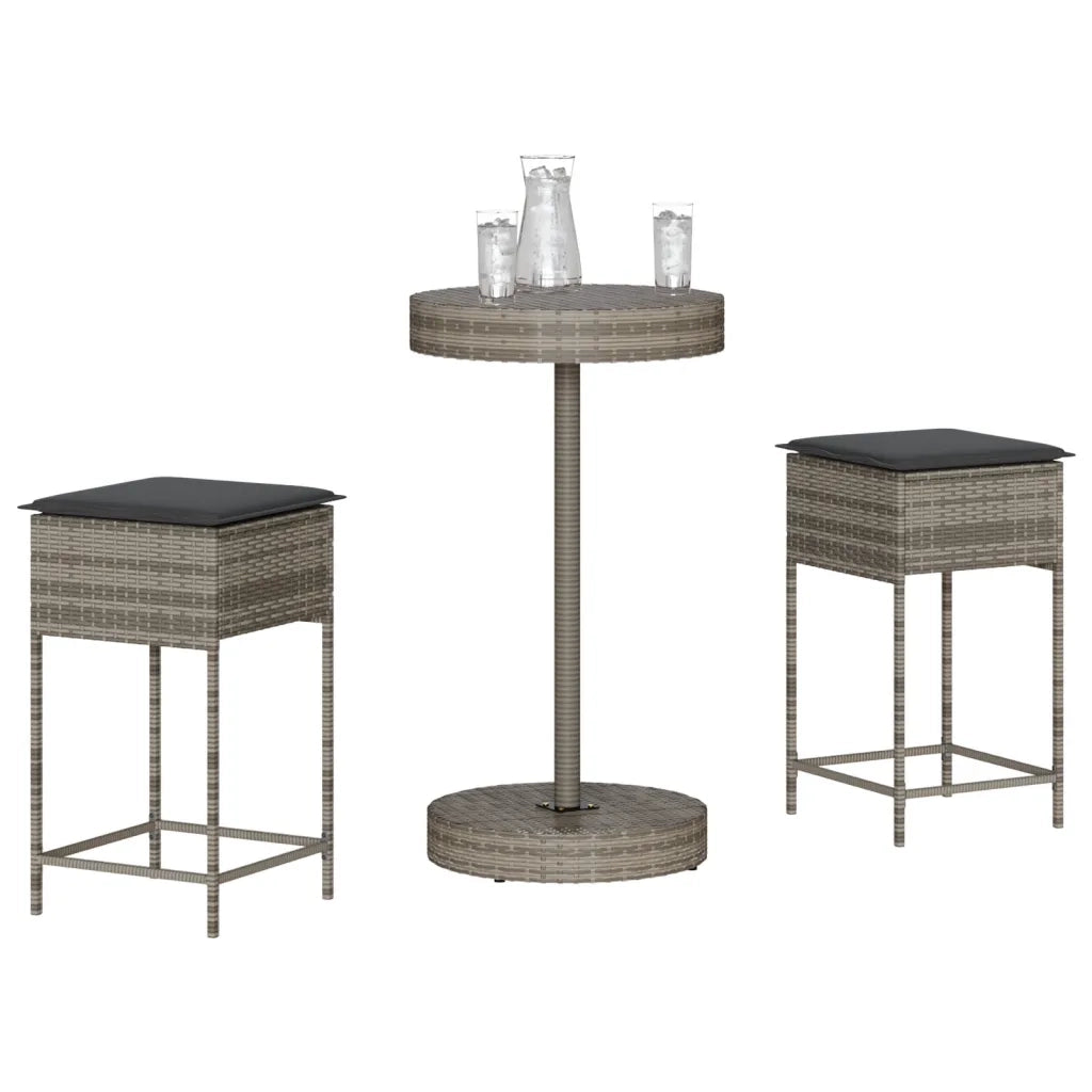 Set Bar da Giardino 3pz | Set Salotto da Giardino con Cuscini Grigio in Polyrattan