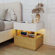 Comodino moderno con 2 cassetti; ricarica wireless e LED; 50x40x50 cm; bianco e naturale