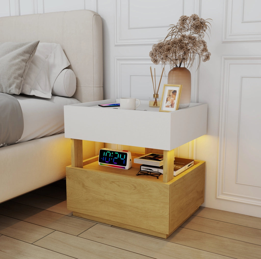 Comodino moderno con 2 cassetti; ricarica wireless e LED; 50x40x50 cm; bianco e naturale
