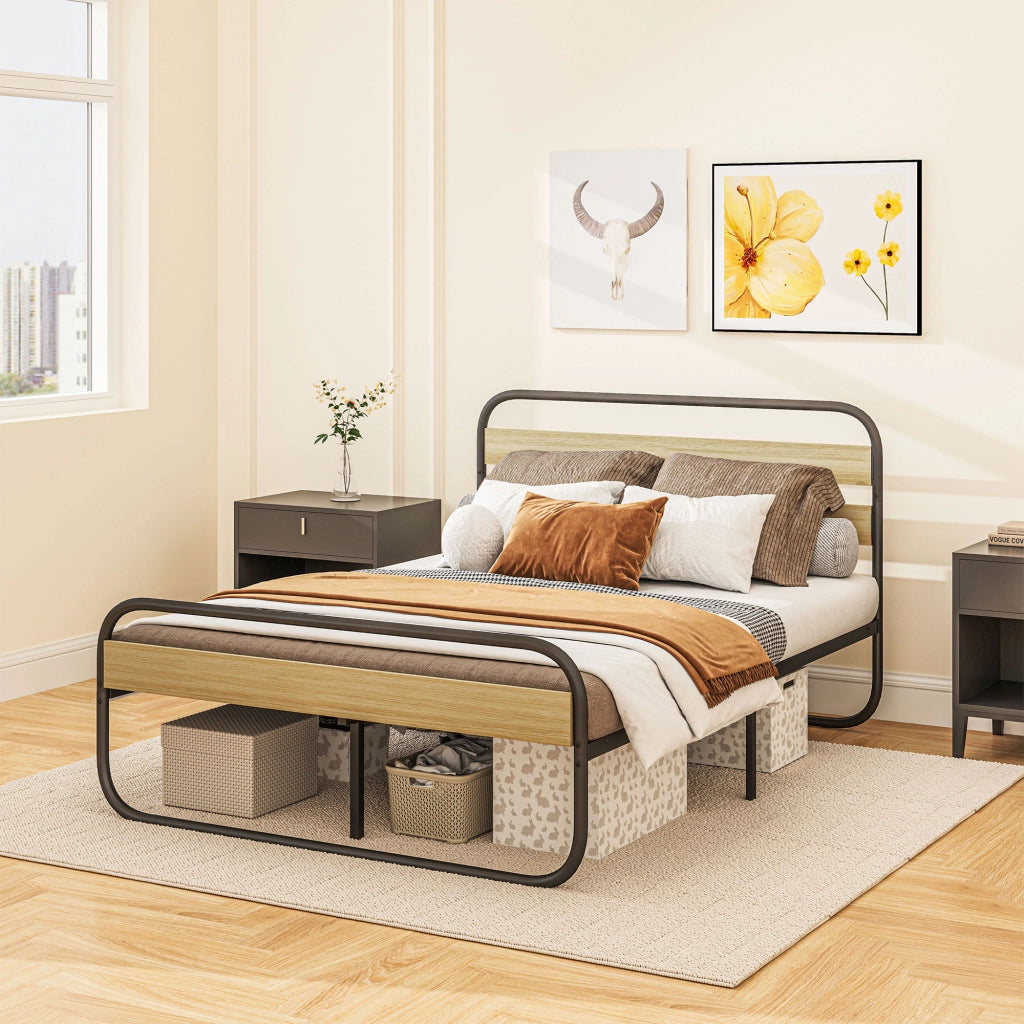 Letto Matrimoniale ¨C Zephmum ¨C Struttura in Acciaio Stile Industriale con Testiera e Rete, Aspetto Legno 140x190 cm