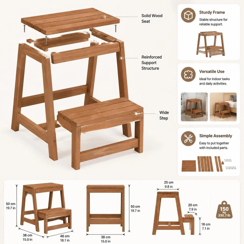 Folding Step Stool, Solid Fir Wood