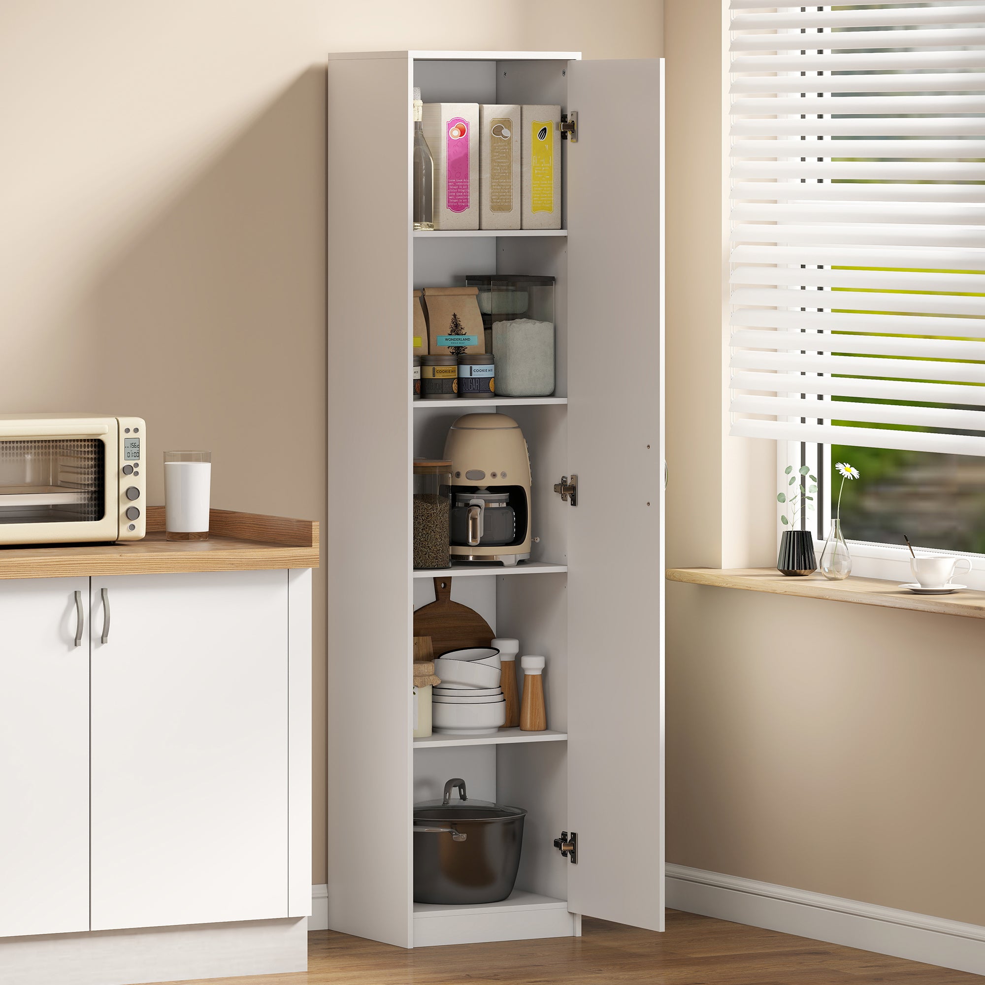 Armadio da Cucina Slim a 5 Ripiani con Spazio Interno Regolabile, in Legno, 40x35x180 cm, Bianco