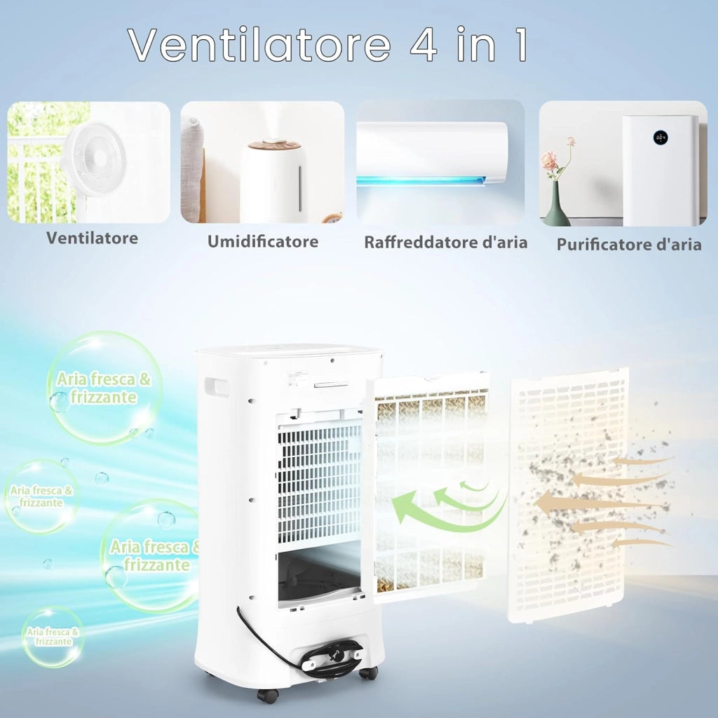 Ventilatore Condizionatore Portatile, 4 in 1 Ventilatore, Umidificatore, Purificatore d'Aria, Climatizzatore, Timer 15H, 3 Modalità & 3 Velocità, Telecomando, 2 Confezioni di Raffreddamento