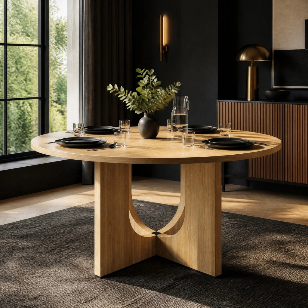 Tavolo da pranzo rotondo per 4-6 persone con design scandinavo in MDF colore rovere per interni diametro 120 cm