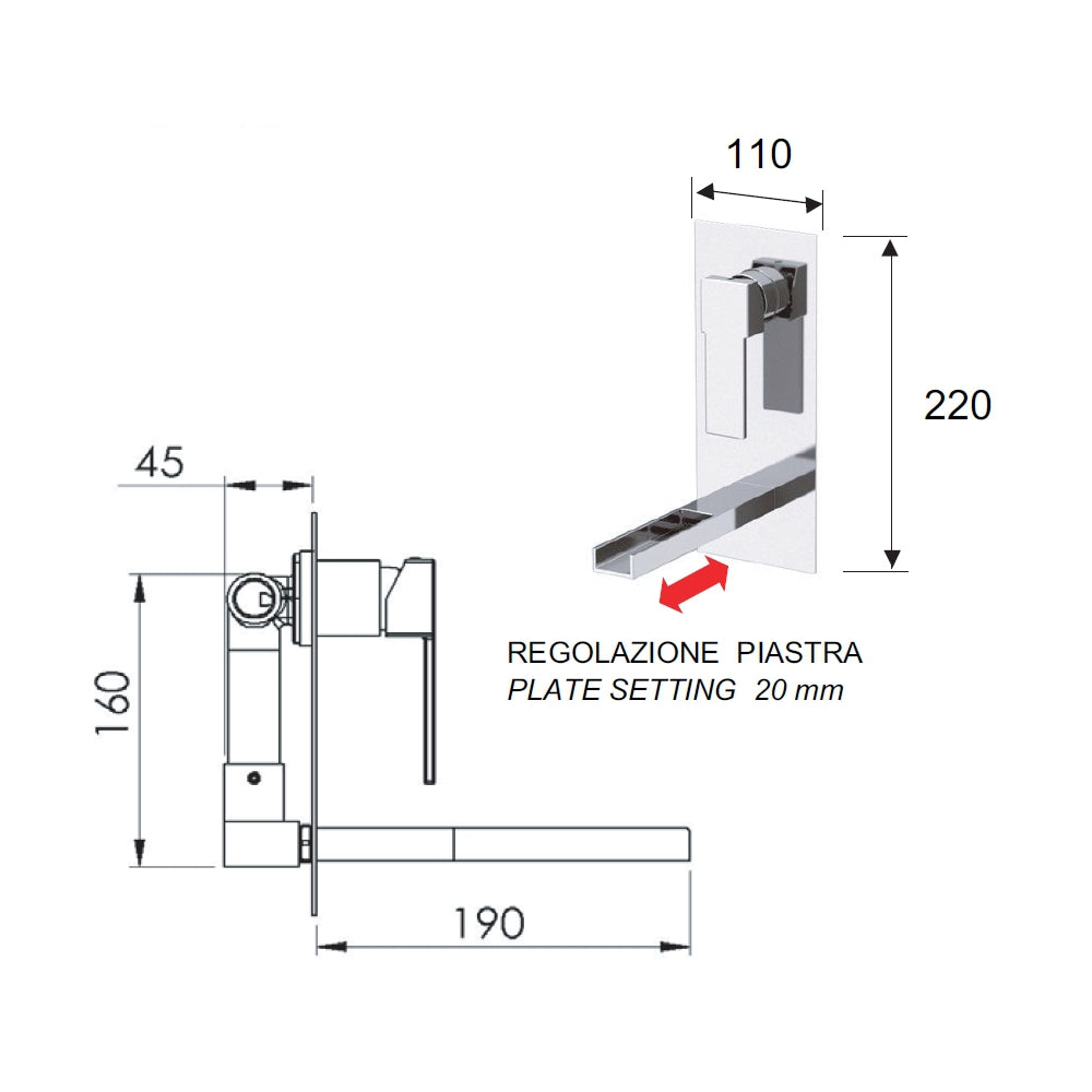 Rubinetto ad incasso per lavabo con piastra cromata serie qubika cascata