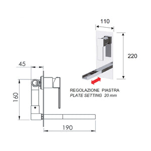 Rubinetto ad incasso per lavabo con piastra cromata serie qubika cascata