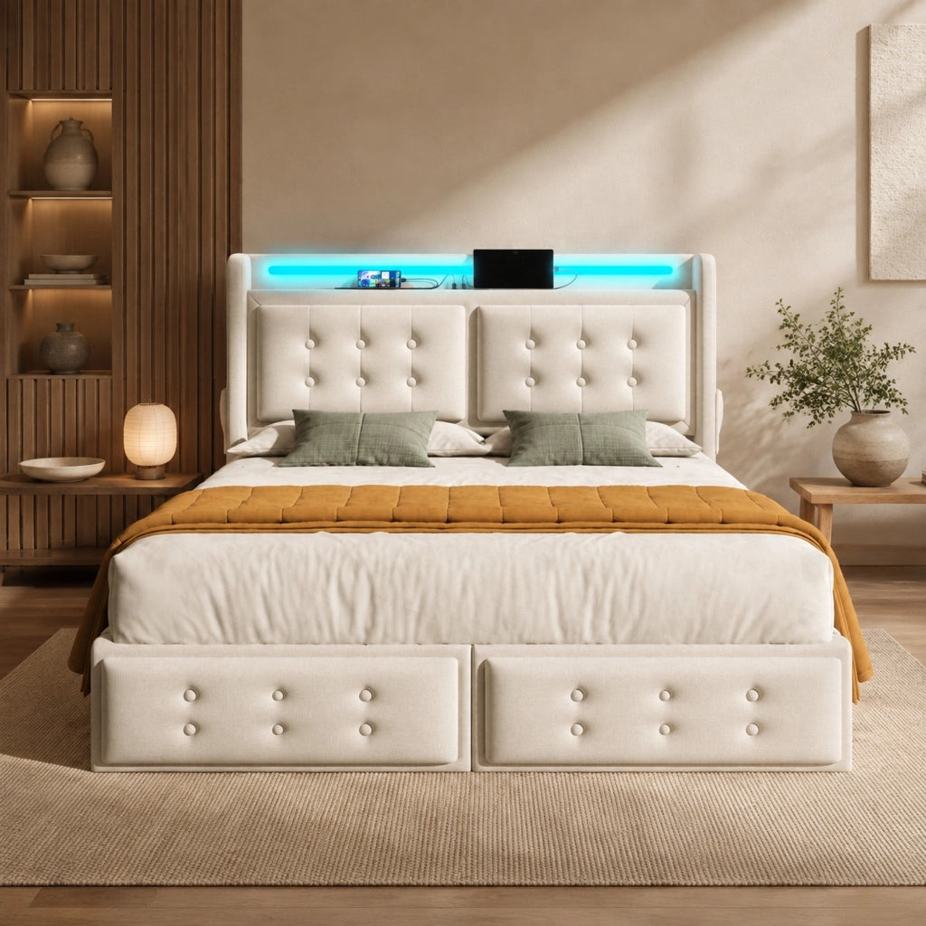 LETTO imbottito 180x200 cm in cotone-lino con LED, USB e 4 cassetti, Beige