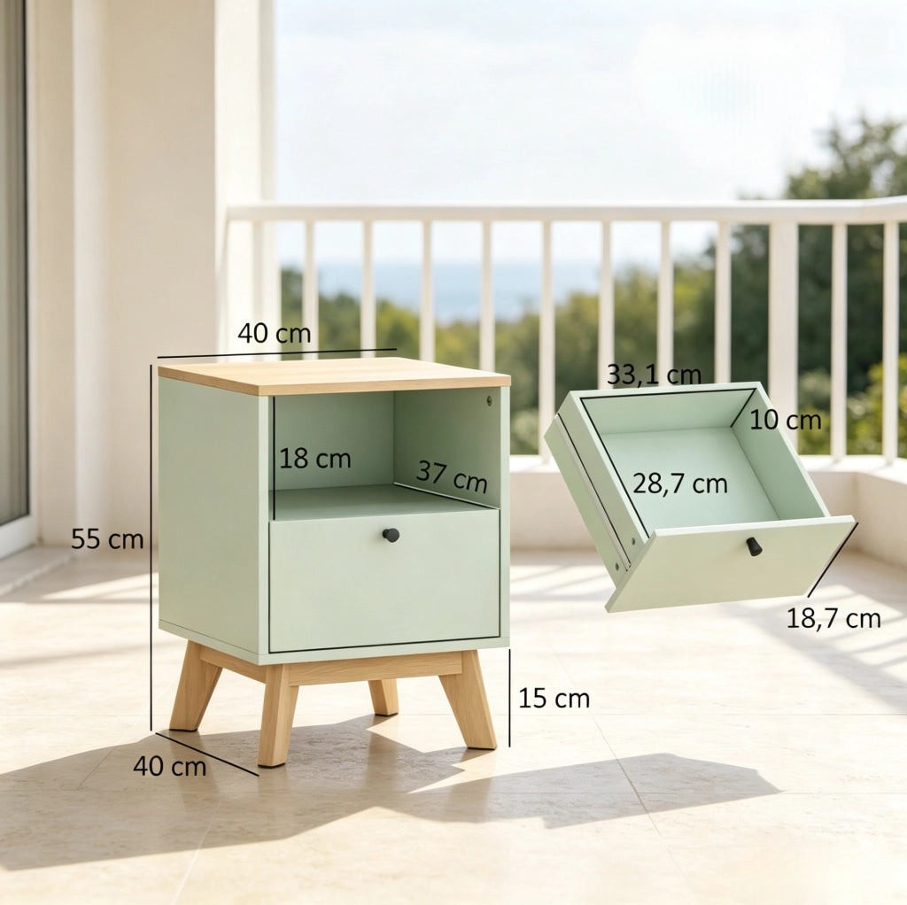 Set di 2 comodini verde chiaro in MDF con cassetto e vano aperto