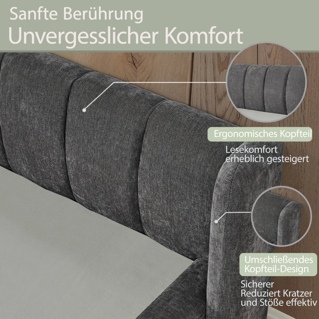 Letto singolo 90 × 200 cm con testiera ergonomica, senza materasso, in chenille, grigio scuro