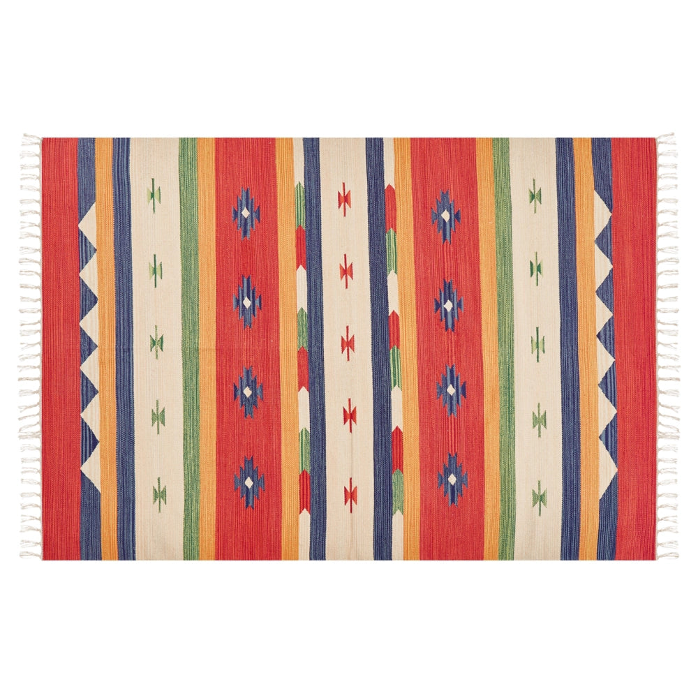 Tappeto kilim in cotone rosso beige con nappe 140 x 200 cm soggiorno camera da letto