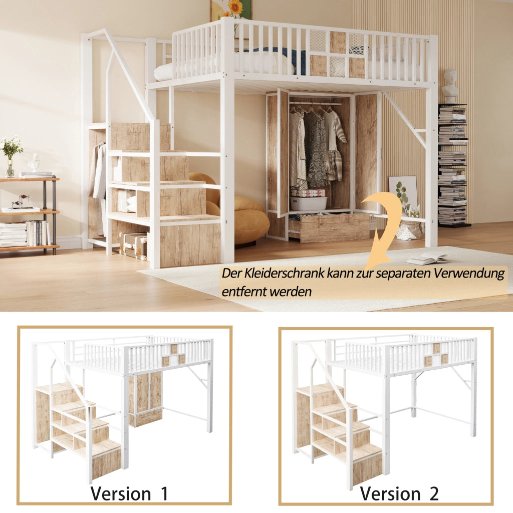 DESMIU Letto a soppalco 140 × 200 cm 2 posti con armadio, cassetto e scala contenitore, senza materasso, bianco