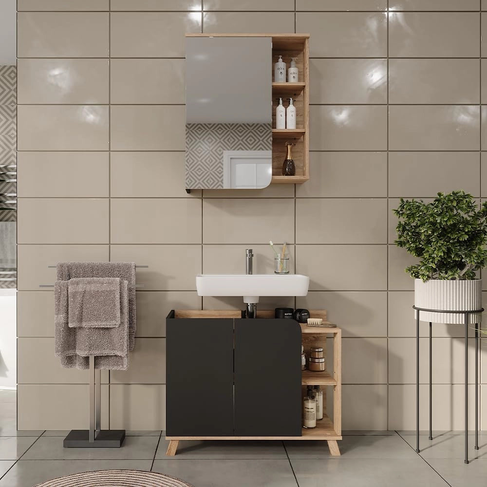 Set di mobili da bagno Karen, Sonoma/antracite, 80 cm, composto da specchio da bagno e mobile sottolavabo