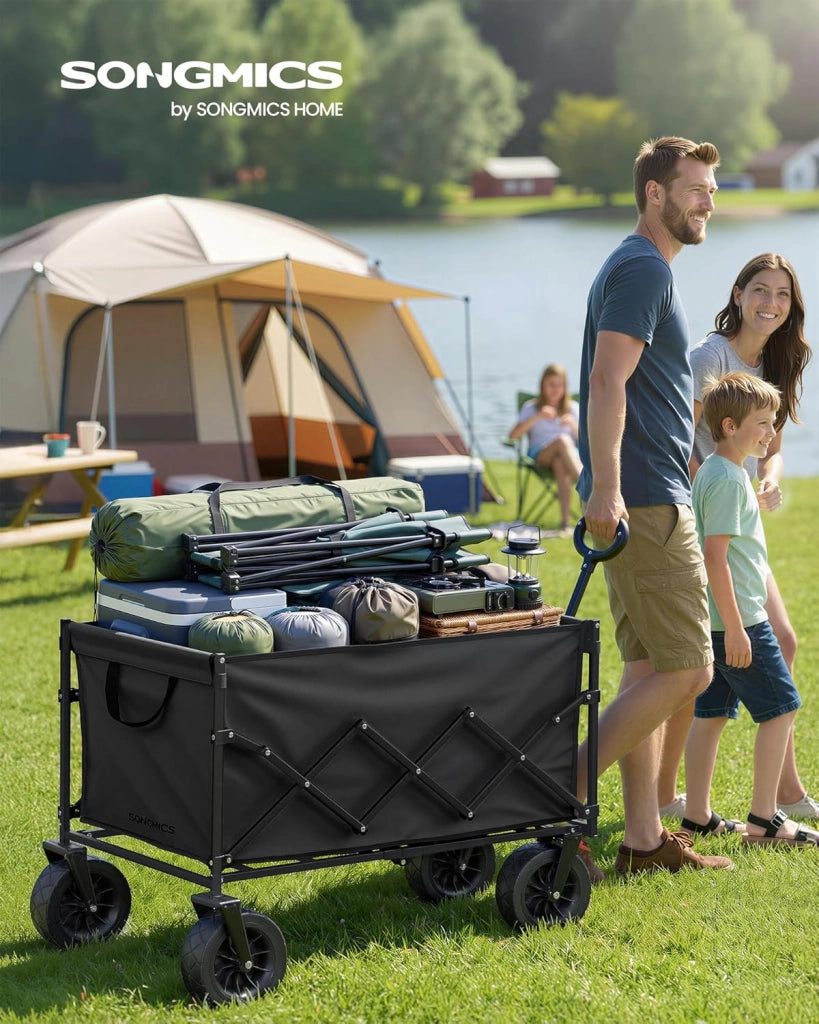 SONGMICS Carrello Pieghevole, Carrello da Giardino, con Manico, 4 Ruote Rinforzate di cui 2 Universali, per Esterni, Giardino, Portante di 180 kg, 200 L, Nero Inchiostro GFW201B101