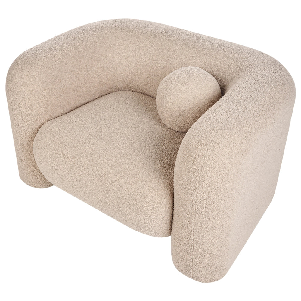 Poltrona in tessuto bouclè beige bianco con cuscino rotondo stile glamour retrò soggiorno