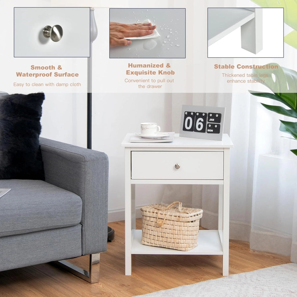 Comodino con cassetto, tavolino in legno, stile moderno, comodino a 2 livelli, con ripiano aperto, per camera da letto, soggiorno, 48 x 40 x 58 cm (bianco x 2)
