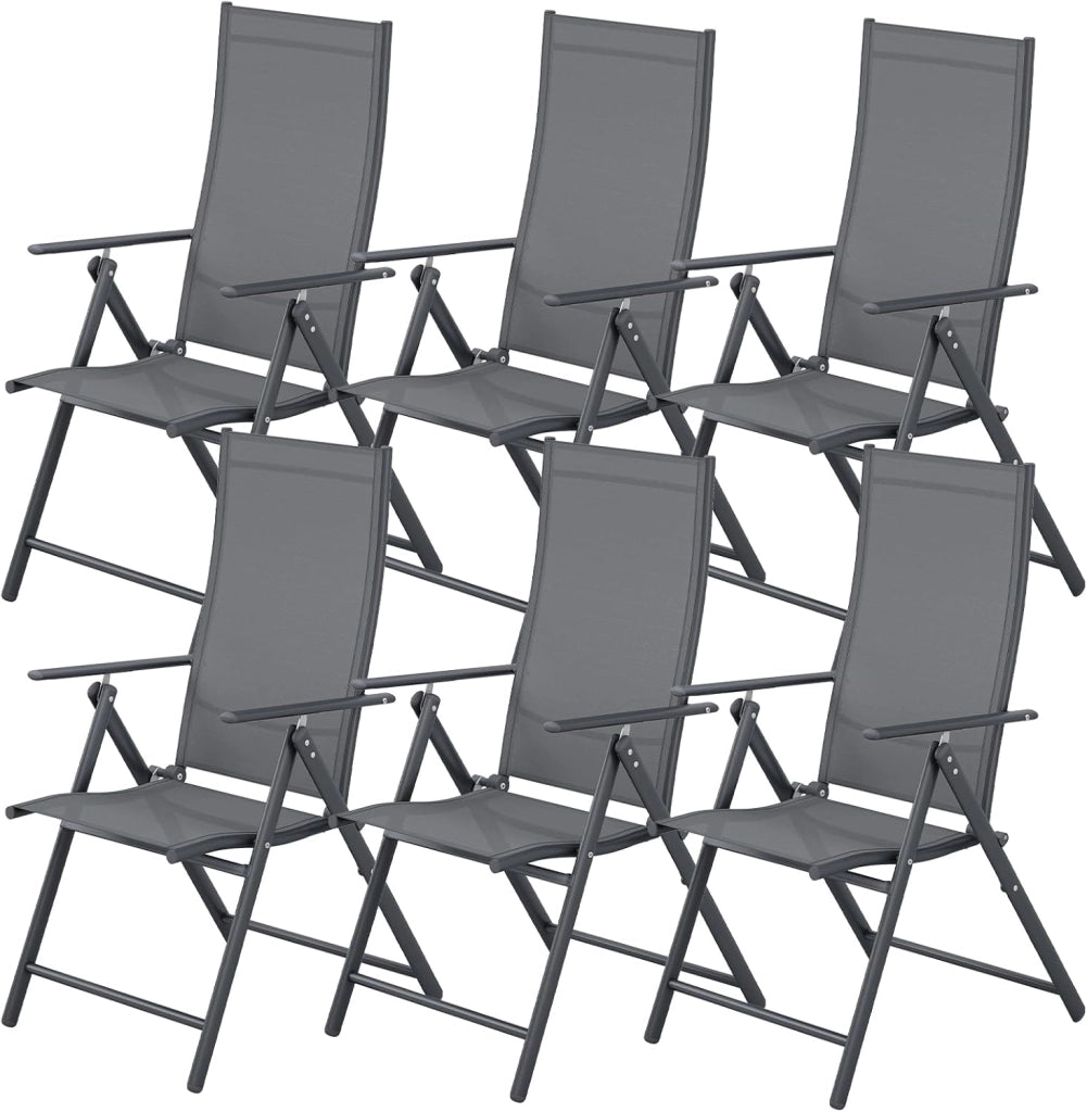 Sedia da Giardino con Schienale Alto Pieghevole Set da 6,Schienale Regolabile su 7 Livelli,Struttura Metallica,Portata Fino a 120 kg,Sedia Pieghevole Leggera per Balcone,Campeggio,Grigio Scuro