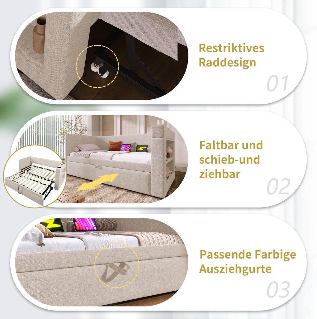 Divano letto estraibile 90x200 cm beige con USB-C e portabicchieri