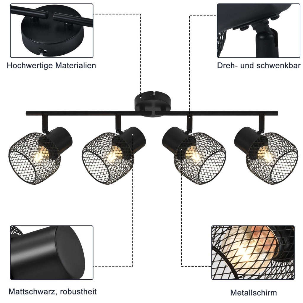 ZMH Faretto da soffitto neri 4 luci E27 orientabili 330° metallo max 25W per sale pranzo cucine