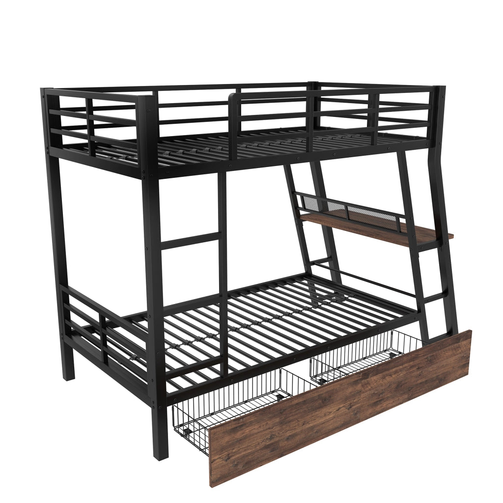 Letto a castello nero in metallo con funzione scrivania LED regolabile cassetti e parapetto 90x200cm