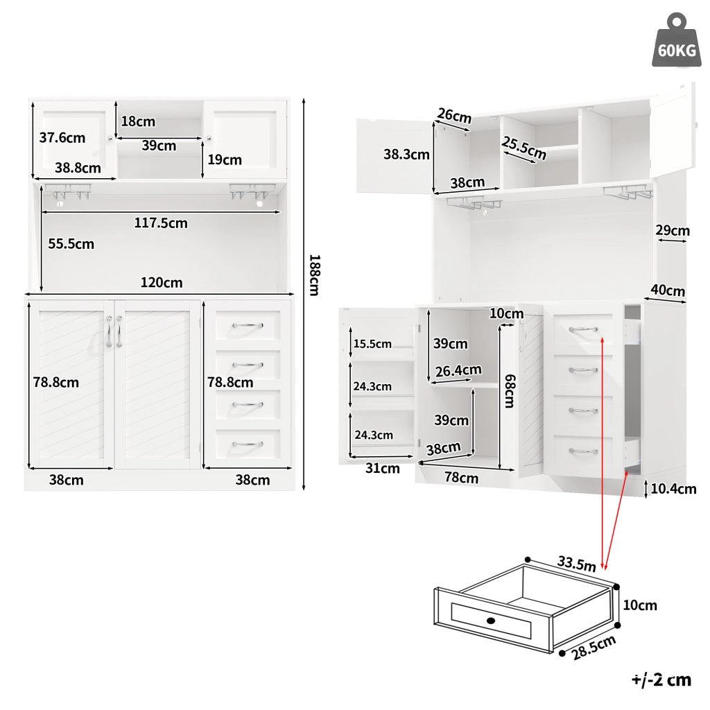 Credenza da cucina con 4 ante; 2 cassetti; ripiano snack; portabottiglie e LED; in MDF; 120x40x188 cm; Bianco