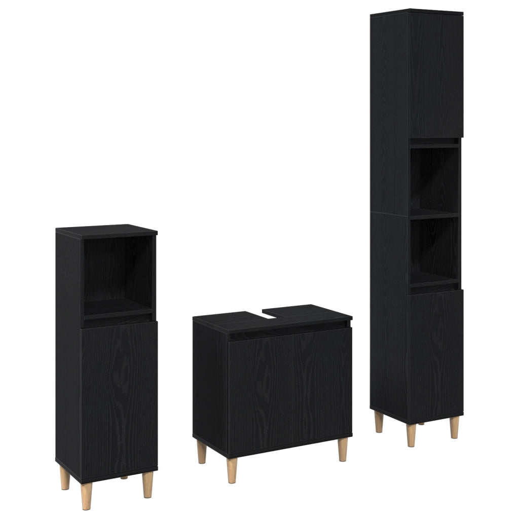 Set di Mobili da Bagno in 3 Pezzi Rovere Nero Legno Ingegnierizzato