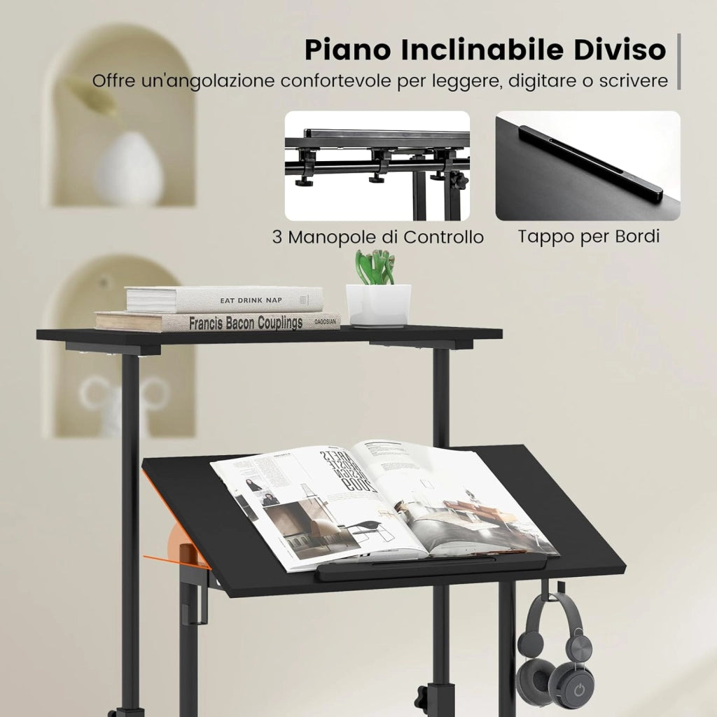 Scrivania per Computer Regolabile in Altezza, Scrivania Salvaspazio con Ruote e Ganci, Tavolo Porta PC per Studio e Ufficio, 60 x 60 x 72-124 cm (Nero)