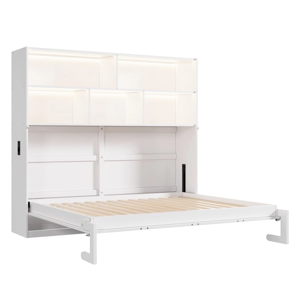 Letto trasformabile singolo 90x200 cm con vano contenitore, LED, prese USB/Type-C, bianco