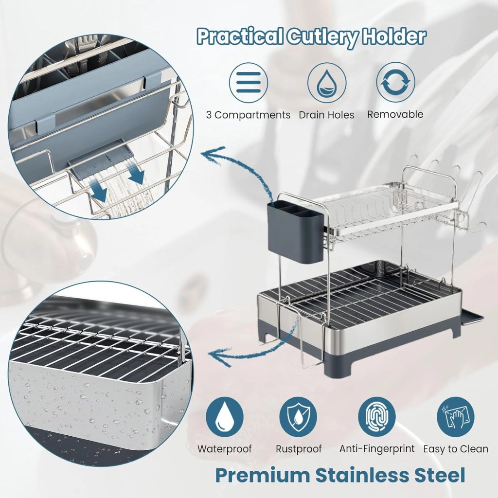Scolapiatti in acciaio inox, scaffale organizzatore da cucina a 2 livelli con vassoio di scarico porta posate e secchio per posate, deposito cucina, 57 x 32 x 39,5 cm