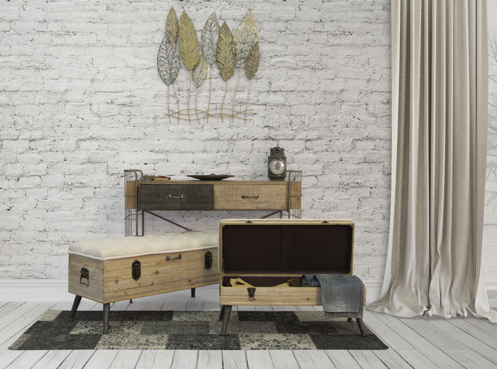 Pannello e Legno Foglie 75x2,5x87 cm in Ferro e MDF Oro e Argento