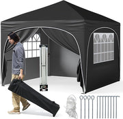 Gazebo Piehevole da Esterno 3 x 3 m, Gazebo Regolabile in Altezza con Pareti Rimovibili, Borsa con Ruote, Picchetti, Ancoraggi, Corde Vento e Sacchi di Sabbia, Tendone per Giardino (Nero)