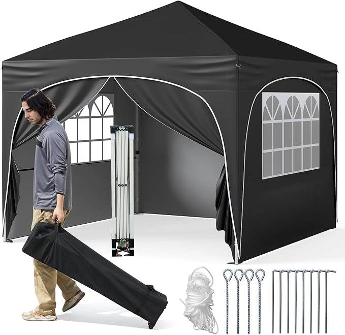 Gazebo Piehevole da Esterno 3 x 3 m, Gazebo Regolabile in Altezza con Pareti Rimovibili, Borsa con Ruote, Picchetti, Ancoraggi, Corde Vento e Sacchi di Sabbia, Tendone per Giardino (Nero)